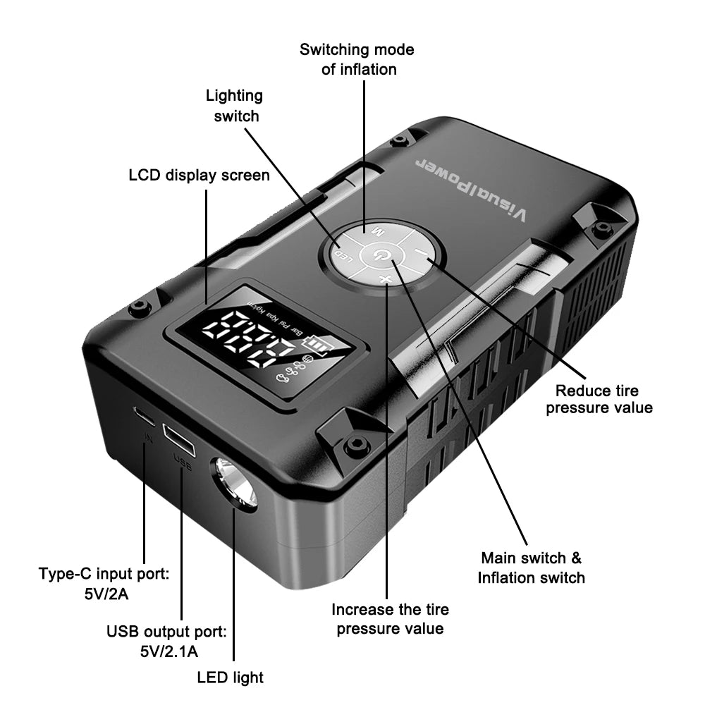 Portable 600A Car Jump Starter with Air Compressor – 12V Lithium Battery Booster Power Bank