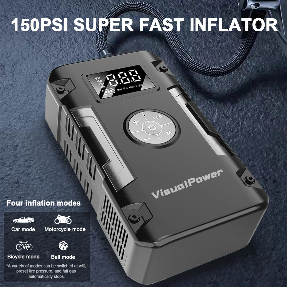 Portable 600A Car Jump Starter with Air Compressor – 12V Lithium Battery Booster Power Bank