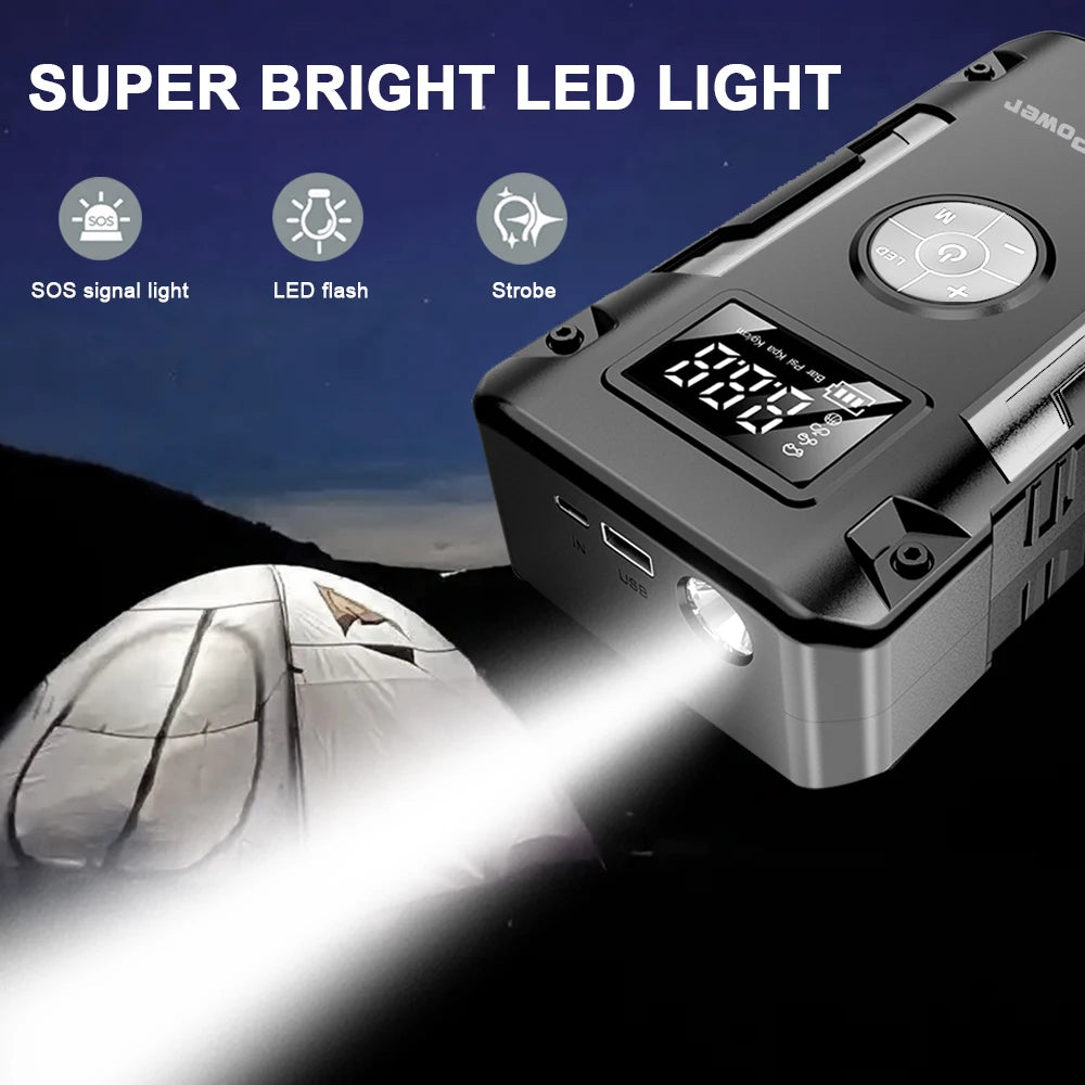 Portable 600A Car Jump Starter with Air Compressor – 12V Lithium Battery Booster Power Bank