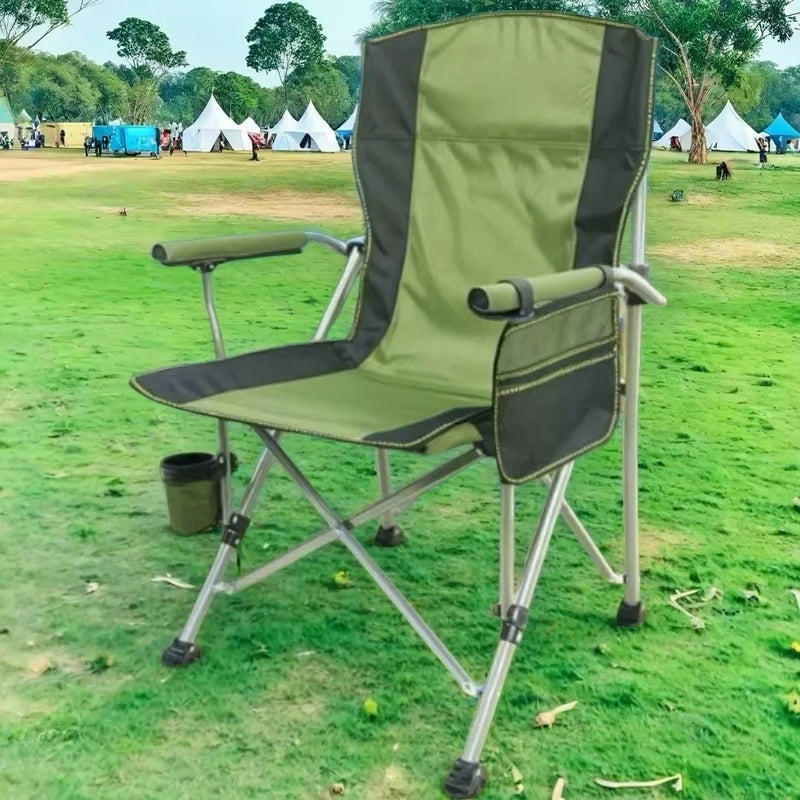Heavy Duty Lumbar High Back Portable Camping Chair Padded Hard Arm Foldable Camping Chair With Cup Holder
